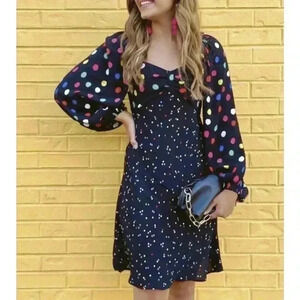 RIXO Polka Dot Long Sleeve Puff Swing Dress 2 Wedding Guest Rainbow Sweetheart